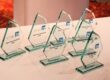 Awards arranged into formation ready to present to winners.